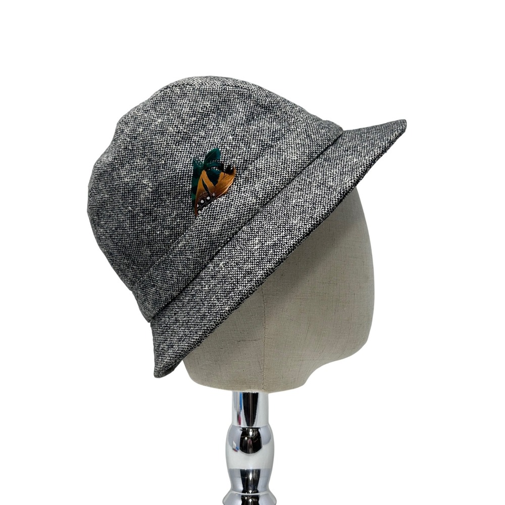 Mens Vintage Grey Tweed Fedora Hat Feather Detail Size‎ 6 7/8 56cm Wool Blend
